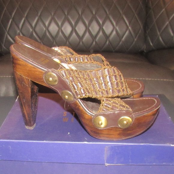 STUART WEITZMAN-Dark Brown Woven Heeled Slides ~ Size 9 - Picture 8 of 16
